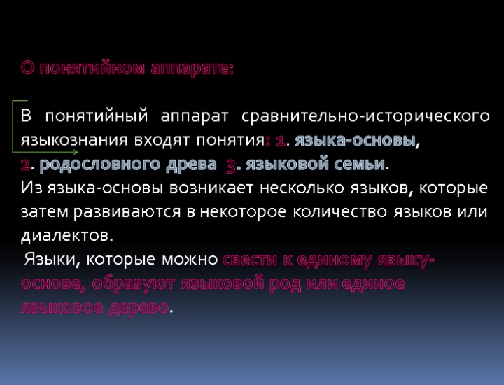 О понятийном аппарате: В понятийный аппарат сравнительно-исторического языкознания входят понятия: 1. языка-основы, 2. родословного